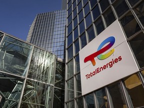 French company TotalEnergies says it has finalized its sale of its 50 per cent stake in the Surmont oilsands project to U.S. oil company ConocoPhillips for $4.03 billion. The logo of TotalEnergies is seen at the company's headquarters skyscraper in the La Defense business district in Courbevoie near Paris, France, Wednesday, March 1, 2023.