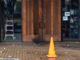 The door of a West Island synagogue following a firebombing on Nov. 7, 2023