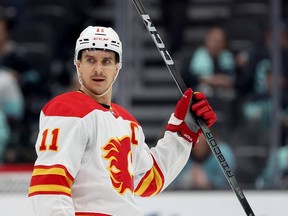 Flames captain Mikael Backlund celebrates a goal.