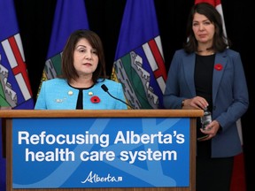 Minister of Health Adriana LaGrange and Premier Danielle Smith outline how the province plans to refocus the health care system, during a press conference in Edmonton, Wednesday Nov. 8, 2023.