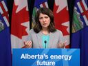 Alberta Premier Danielle Smith outlines an initiative to accelerate carbon capture in the province during a press conference at the Alberta Legislature, in Edmonton on Tuesday, Nov. 28, 2023.