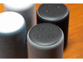 Amazon.com Inc. Echo Plus devices stand on display during an unveiling event at the company's headquarters in Seattle, Washington, U.S., on Wednesday, Sept. 25, 2019. Amazon.com Inc. defended the privacy features of its Alexa digital assistant -- and introduced some new tools to reassure users -- following months of debate about the practices of the technology giant and its largest competitors.