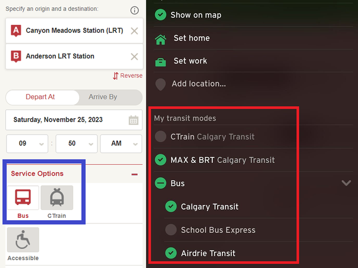  The trip planning tools on the Calgary Transit website or in the officially supported Transit App allow riders to deselect the CTrain when searching for trips.
