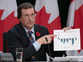 Commissioner of the Environment and Sustainable Development Jerry DeMarco at a news conference holds a chart showing Canada's performance against G7 countries in reducing greenhouse gas emissions, Nov. 7, 2023.