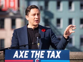 Conservative Leader Pierre Poilievre speaks about eliminating the Liberals' carbon tax at a news conference in St. John's, N.L., on Friday, Oct. 27, 2023.