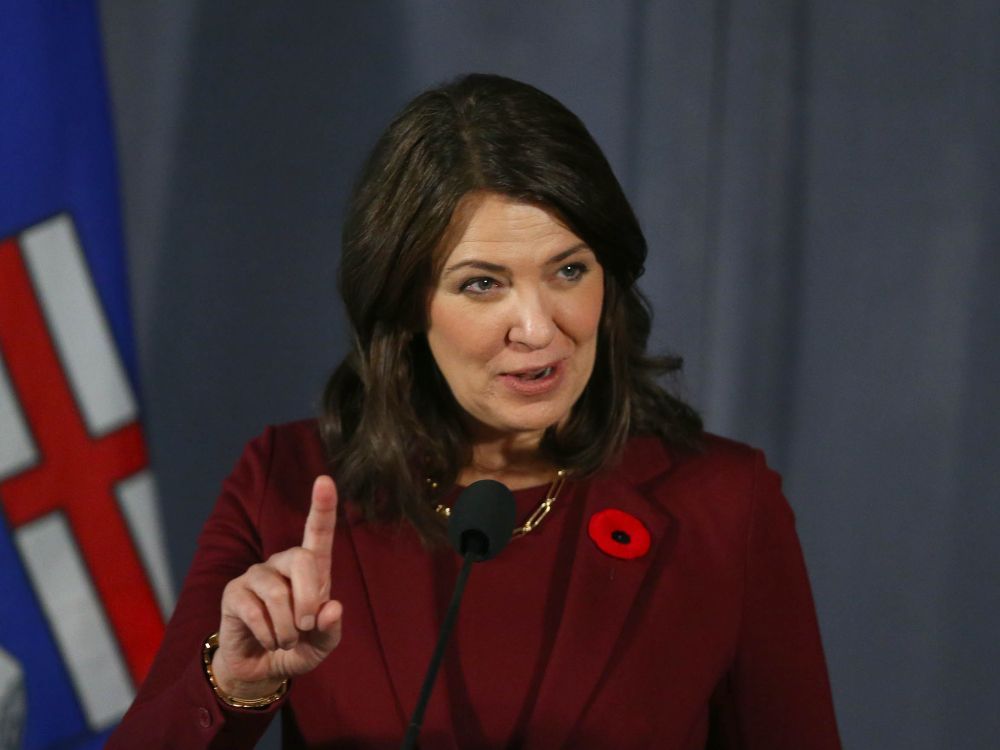 Premier Danielle Smith speaks to media at the UCP Annual General Meeting in Calgary on Saturday, November 4, 2023.