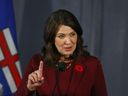Premier Danielle Smith speaks to media at the UCP Annual General Meeting in Calgary on Saturday, November 4, 2023.