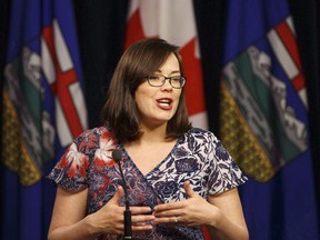 Former Alberta justice minister Kathleen Ganley speaks at a press conference in Edmonton on Nov. 16, 2017. Alberta's Opposition New Democrats are condemning another sole-source contract handed out to a close associate of the United Conservative Party government.