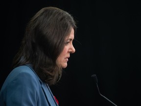 Premier Danielle Smith says, if nothing else, her government's proposal to have Alberta quit the Canada Pension Plan has started a national conversation on her province's grievances. Smith speaks about health-care reforms during a news conference in Edmonton on Wednesday on Nov. 8, 2023.