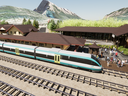 An artist's rendering shows a proposed Calgary Airport-Banff train at the Banff station.