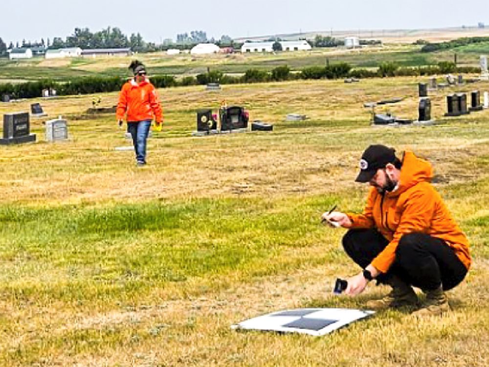 Researchers collect data at a rural cemetery as part of a drone project by the University of Lethbridge.