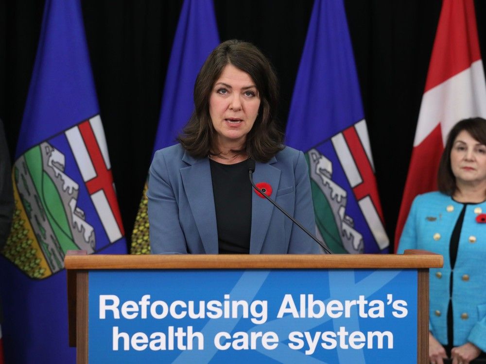 Alberta Premier Daniel Smith speaks at a press conference Wednesday, Nov. 8, 2023, about his government's plan to decentralize the province's health care providers.