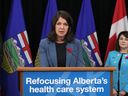 Alberta Premier Danielle Smith speaks on the government's plan to decentralize the province's health care provider at a news conference Wednesday, Nov. 8, 2023.