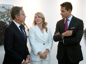 U.S. Secretary of State Antony Blinken, Canadian Minister of Foreign Affairs Melanie Joly, and Canadian ex-diplomat Michael Kovrig, who was detained in China, attend the High-Level Dialogue on the Declaration Against Arbitrary Detention in State-to-State Relations, in New York City, Sept. 20, 2023, on the sidelines of the 78th United Nations General Assembly.