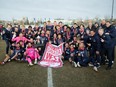 The Mount Royal University Cougars celebrate their Canada West men's soccer championship after defeating the UBC Thunderbirds in the final at Mount Royal Stadium Field on Saturday, Nov. 4, 2023. Adrian Shellard/MRU Cougars