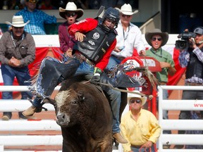 Jared Parsonage wins the Calgary Stampede rodeo bull riding title on Sunday, July 16, 2023.