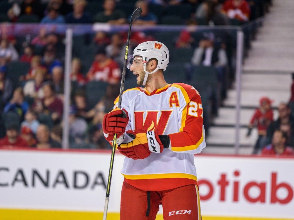 Calgary Wranglers Nick DeSimone during a match against Coachella Valley Firebirds at Scotiabank Saddledome