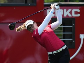 Brooke Henderson watches her tee shot on the first hole during the final round at the 2023 LPGA CPKC Canadian Women's Open.