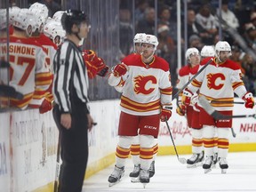 Elias Lindholm of the Calgary Flames celebrates a goal against the Anaheim Ducks.