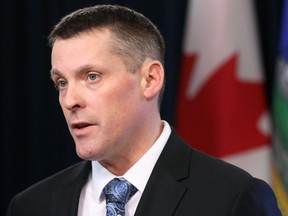 Nate Horner provides an update on Alberta's finances and economy during a press conference at the Alberta Legislature, in Edmonton Thursday Nov. 30, 2023.