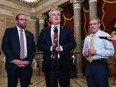 From left, Chairman of the House Ways and Means Committee Rep. Jason Smith (R-MO), Chairman of the House Oversight Committee Rep. James Comer (R-KY) and Chairman of the House Judiciary Committee Rep. Jim Jordan (R-OH) speak to reporters after the House voted to formally authorize the impeachment inquiry into U.S. President Joe Biden, at the U.S. Capitol on December 13, 2023.