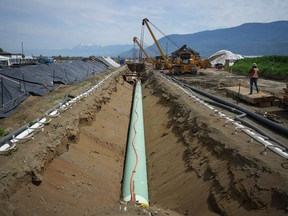 Workers lay pipe during construction of the Trans Mountain pipeline expansion on farmland, in Abbotsford, B.C., on Wednesday, May 3, 2023. The company building the Trans Mountain pipeline has submitted evidence to support its claim that oil companies must pay more in tolls in light of the pipeline project's mounting costs.