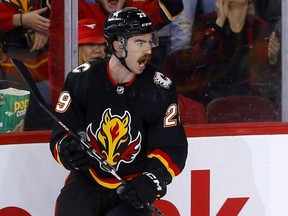 Calgary Flames' Dillon Dube celebrates after scoring a goal earlier this season.