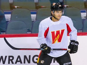 Calgary Wranglers forward Matt Coronato takes part in practice at the Scotiabank Saddledome.