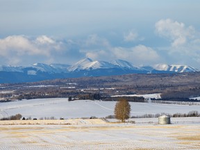 Morning sun on the mountains west of Priddis, Ab., on Wednesday, January 10, 2024.