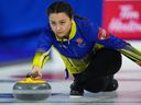 Alberta skip Kayla Skrlik delivers a rock while playing Team Canada at the Scotties Tournament of Hearts in 2023.