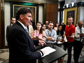 Public Safety Minister Dominic LeBlanc speaks at a news conference on the appointment of Quebec Court of Appeal judge Marie-Josee Hogue for the inquiry into foreign interference, on Parliament Hill in Ottawa, on Sept. 7, 2023.