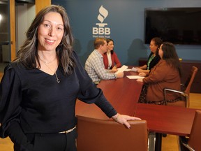 Mary O’Sullivan-Andersen, president and CEO of the Better Business Bureau Serving Southern Alberta and East Kootenay, in its Calgary office.   WIL ANDRUSCHAK/POSTMEDIA CONTENT WORKS