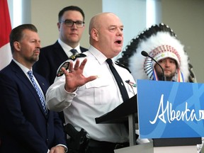 Edmonton Police Service Chief Dale McFee takes part in a news conference where the province announced targeted supports to help people staying in homeless encampments on Wednesday, Jan. 17, 2024.