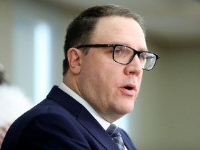 Jason Nixon, Minister of Seniors, Community and Social Services takes part in a press conference where the province announced a new reception centre and triage system for those being cleared from homeless encampments, in Edmonton Wednesday Jan. 17, 2024.
