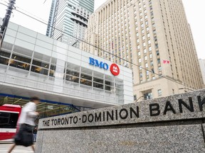 RBC Capital Markets holds its Canadian bank CEO conference on Tuesday. The meeting will hear from the top executives of Canada's big banks which have been preparing for potentially tougher economic times ahead. RBC, TD Bank and Bank of Montreal signage is pictured in the financial district in Toronto, Friday, Sept. 8, 2023.