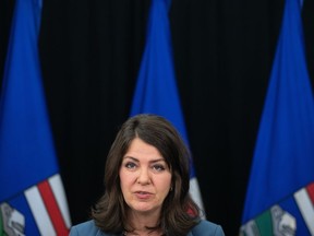 Alberta Premier Danielle Smith speaks during a news conference in Edmonton on Wednesday, Nov. 8, 2023. The Opposition says it's time to dump once and for all the remaining bottles of imported Turkish children's fever medicine, given new reports stating the liquid clogs hospital feeding tubes and can put newborns at risk.
