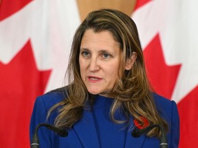 FILE: Chrystia Freeland, Canada's deputy prime minister and finance minister, during a news conference in Ottawa, Ontario, Canada, on Friday, Nov. 3, 2023.