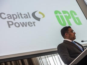 Avik Dey, president and CEO of Capital Power, at an announcement with Ontario Power Generation to explore a partnership in the development of small modular reactors in Alberta on Jan. 15 2024 in Edmonton.
