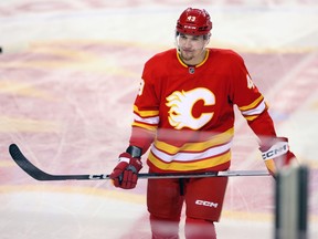 Calgary Flames Adam Klapka during warm up before taking on the in NHL action at the Scotiabank Saddledome in Calgary