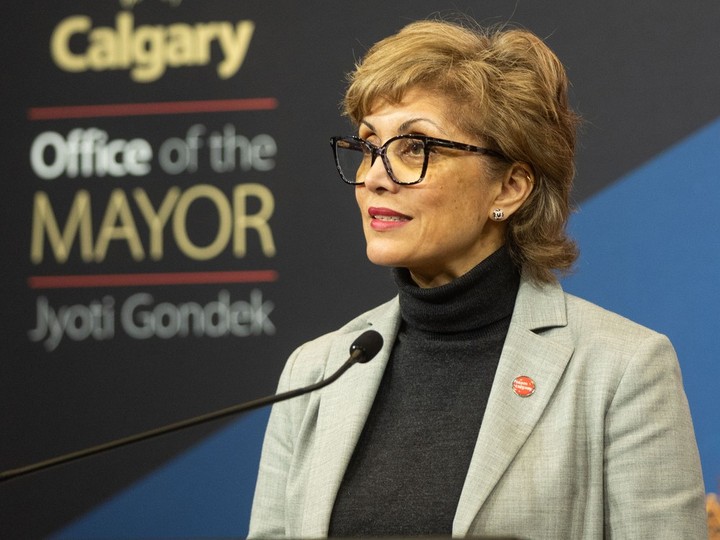  Calgary Mayor Jyoti Gondek speaks to media at city hall on Monday, January 15, 2024.