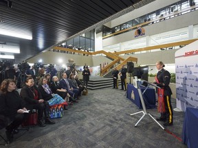 Cpl. Julie Courchaine, RCMP media relations officer, speaks to the media during a press conference announcing the arrest of Kevin Charles Queau in the 2007 murder of Crystal Saunders at Manitoba RCMP Headquarters in Winnipeg, Monday, Jan. 29, 2024.