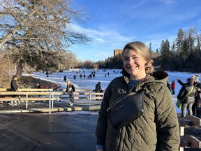 Krystle Wilpert stands in front of the outdoor skating rink on the lagoon at Bowness Park in Calgary on Tuesday, Jan. 2, 2024.