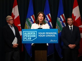 Danielle Smith at an Alberta Pension Plan press conference