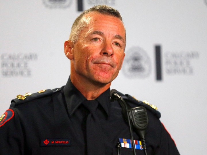  Chief Constable Mark Neufeld of the Calgary Police Service speaks with the media on Sept. 5, 2023.