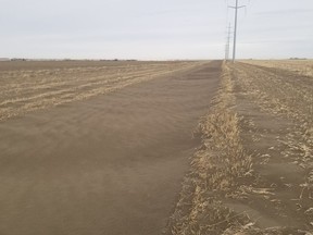 Blowing dirt fills in ditches and irrigation canals during a wind erosion event in Lethbridge County in Alberta in a 2022 handout photo.