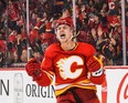 Connor Zary of the Calgary Flames celebrates after scoring against the Tampa Bay Lightning.