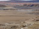 Looking east along the Crowsnest River valley where the river enters the nearly-dry Oldman Reservoir north of Cowley, Alberta, on Monday, December 18, 2023.