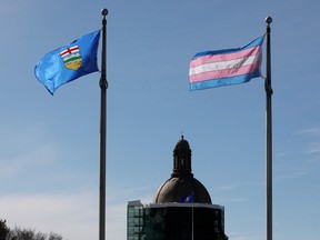 The transgender flag was raised in Violet King Henry Plaza, on the Alberta Legislative grounds, in honour of International Transgender Day of Visibility, in Edmonton Thursday March 31, 2022.