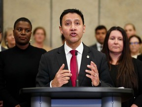 Justice Minister Arif Virani speaks during a news conference on Parliament Hill in Ottawa regarding the new online harms bill on Monday, Feb. 26, 2024.