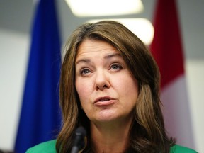 Alberta Premier Danielle Smith addresses a news conference in Ottawa on Monday, Feb. 5, 2024. Smith is to give a television address to Albertans on Wednesday evening.